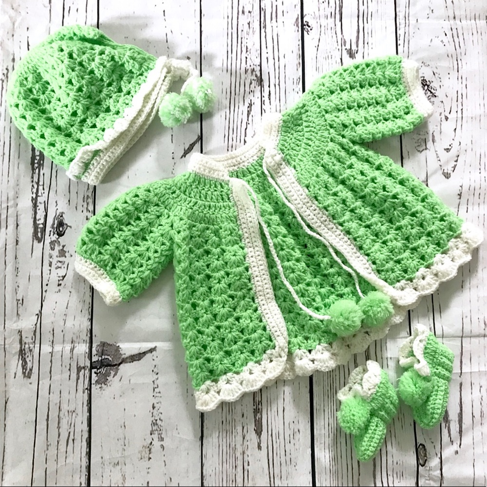 Vintage Mint Green  White Sweater Hat Booties